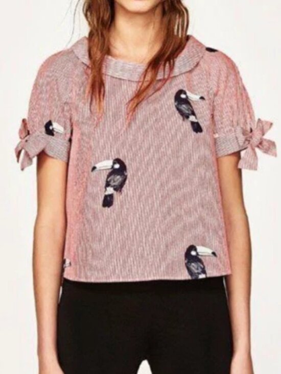 Zara Tops - Zara Blouse Top Women's Size Medium Striped Parrot Novelty Print Retro Cropped